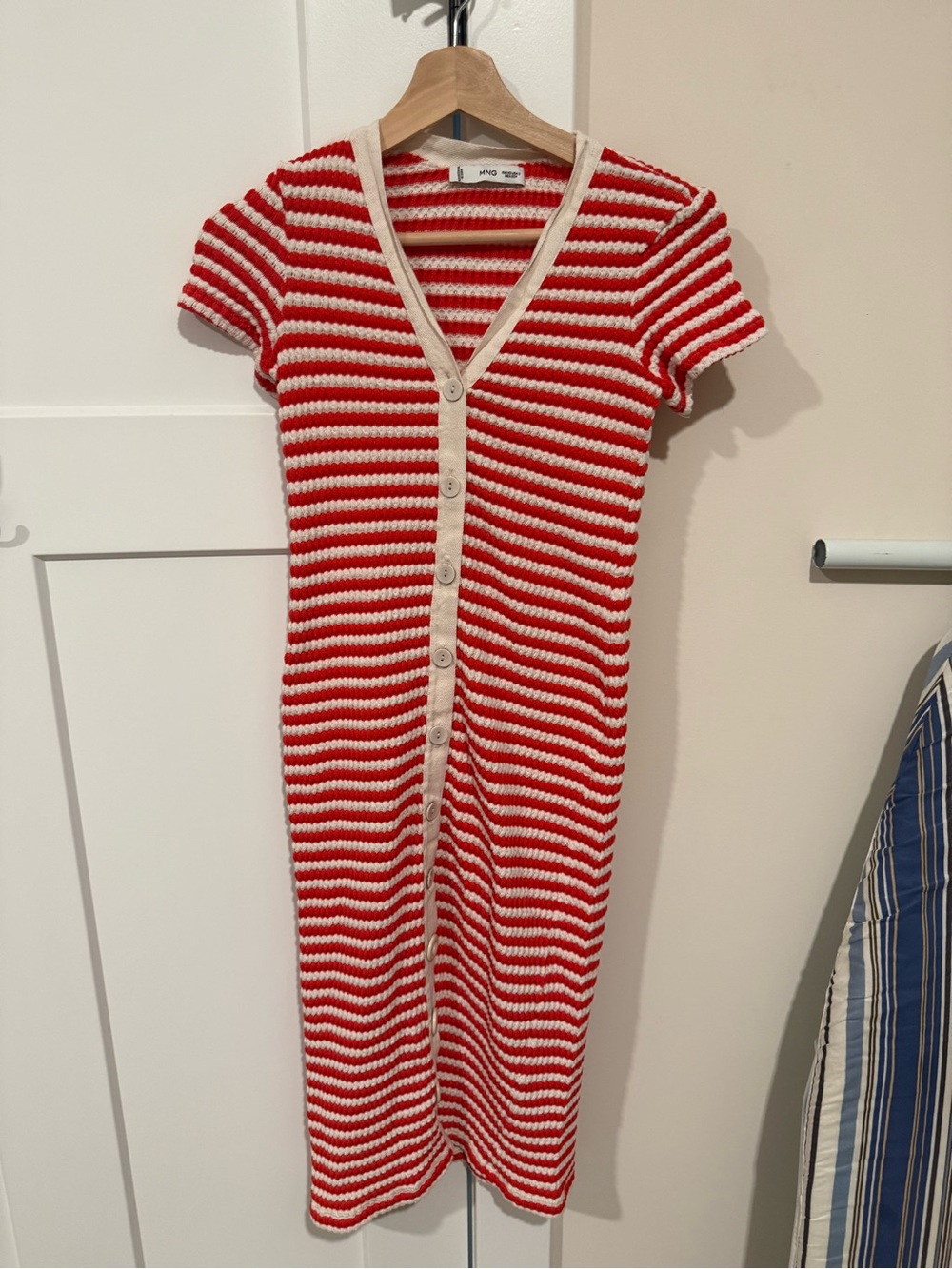 Mango Red and White Striped Button-Front Midi Dress